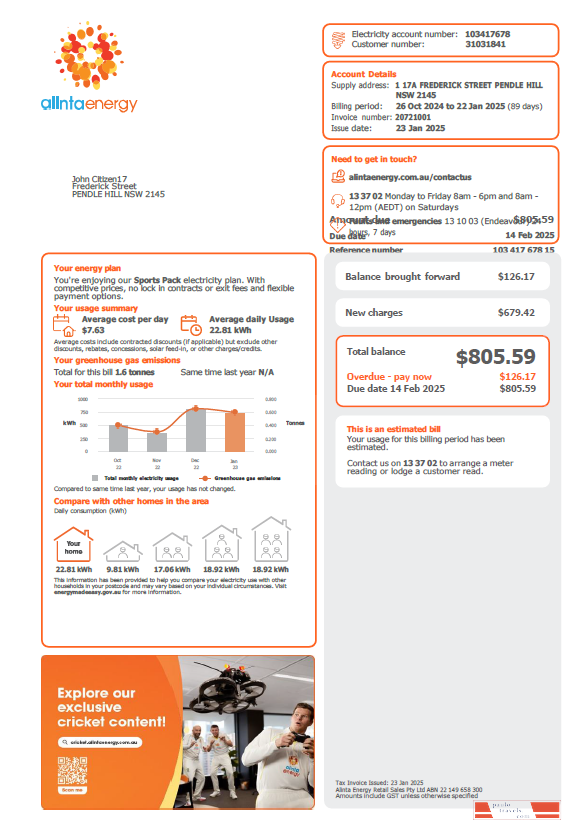 Australia Alinta Energy utility bill template in Word and PDF formats, version 2